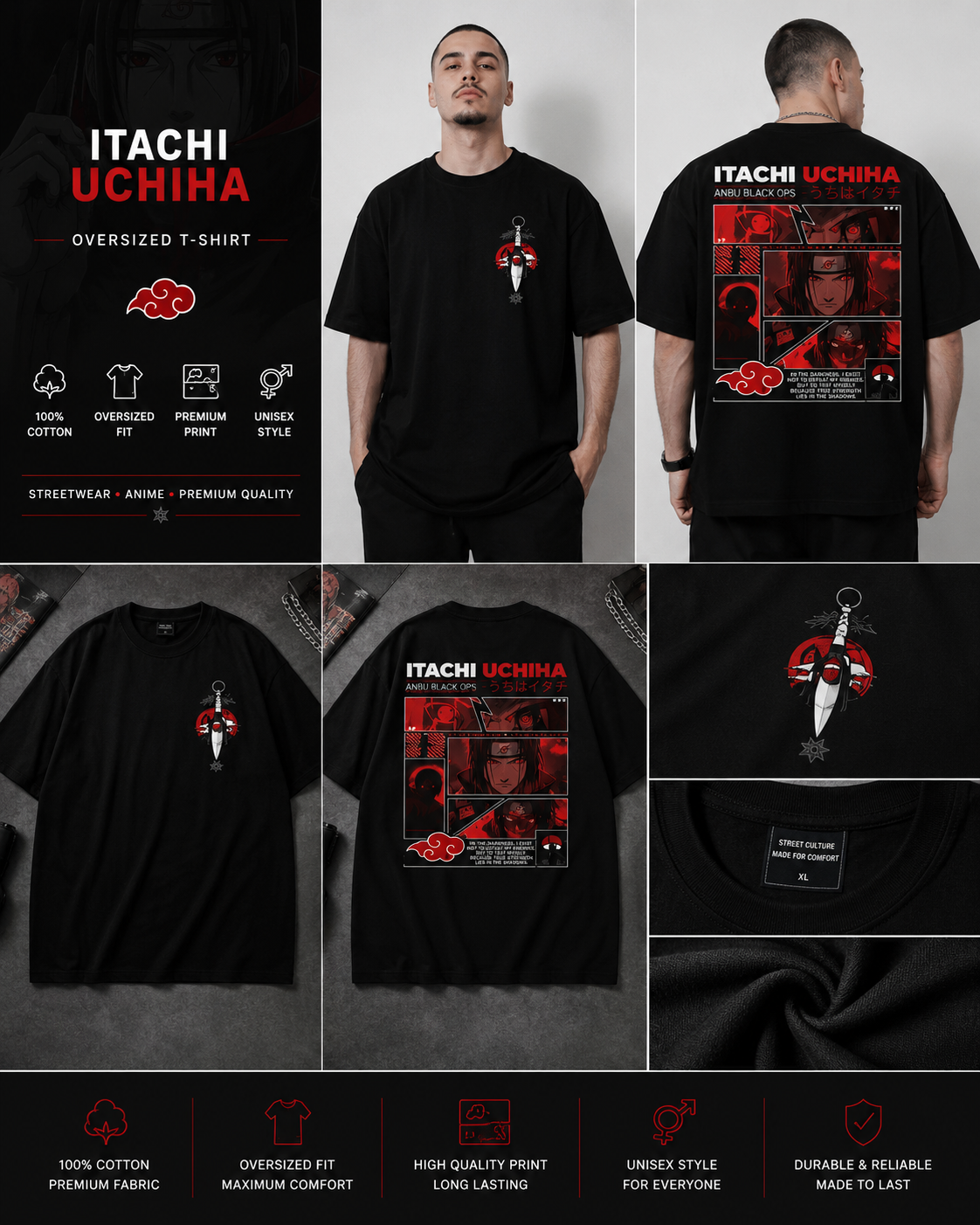 Itachi Uchiha Anime Oversized T-Shirt | Premium Cotton | Unisex Streetwear
