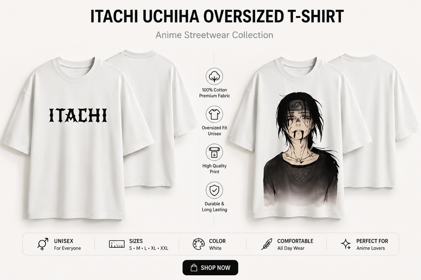 Itachi Uchiha White Oversized Anime T-Shirt | Premium Streetwear Tee